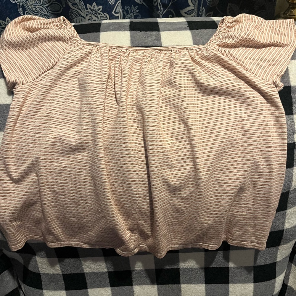 This is a medium blouse, its brand is a.n.a. It has white and pink stripes.